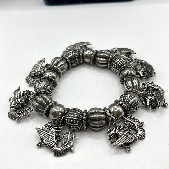 Dragon Charm Bracelet Stretch MJ Enterprises 80s Dark Silver Tone Vintage 8” - Picture 12 of 12
